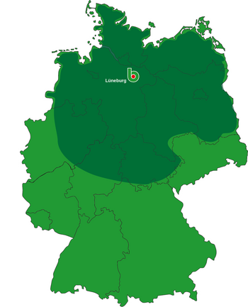 Karte von Nord- und Ostdeutschland, mit den Rohholz-Einkaufsgebieten von Bockelmann-Holz